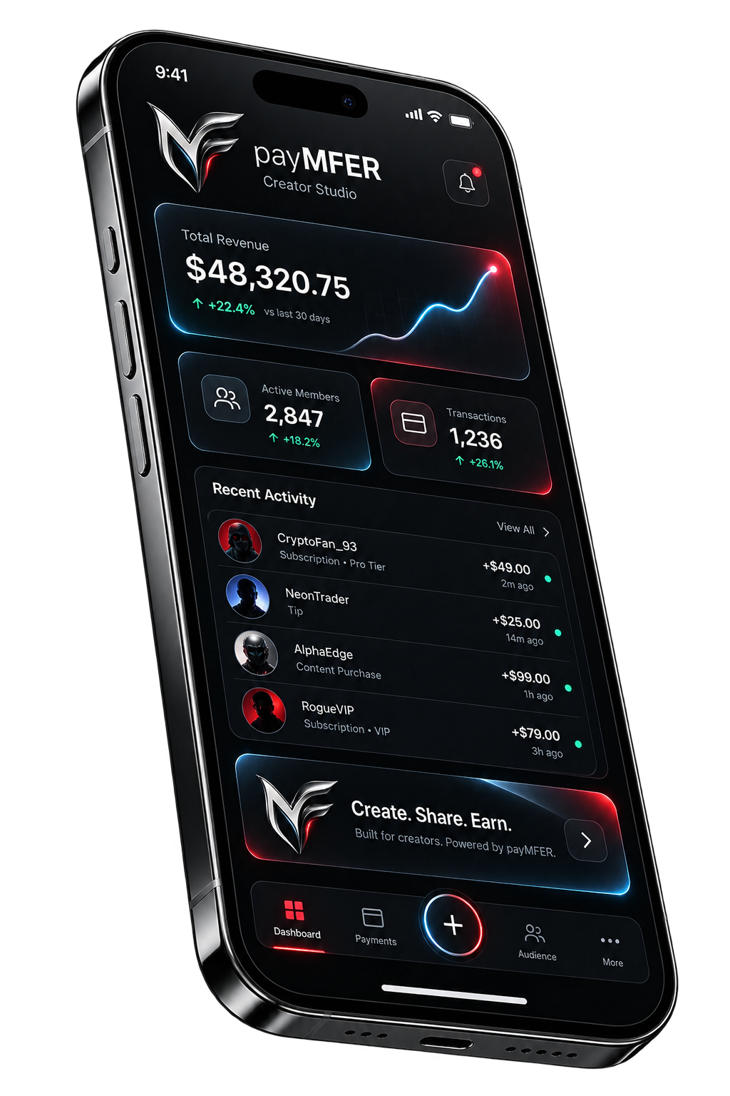 payMFER creator studio shown on a phone